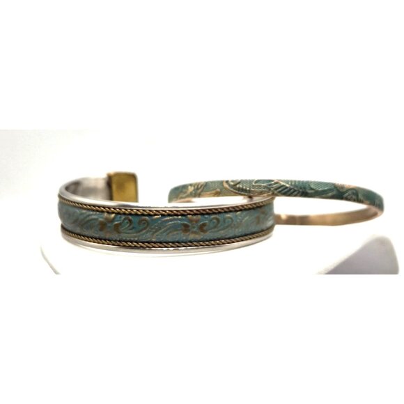 Vintage Boho Style Teal & Gold Etched Cuff And Bangle Bracelet Set With Floral P - Picture 3 of 4